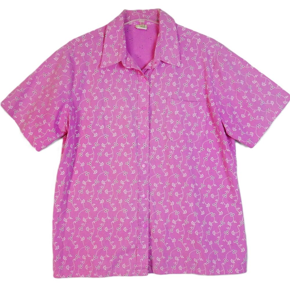 Boca Bay Womens Size L  Blouse Snap Button Pink Floral Short Sleeve